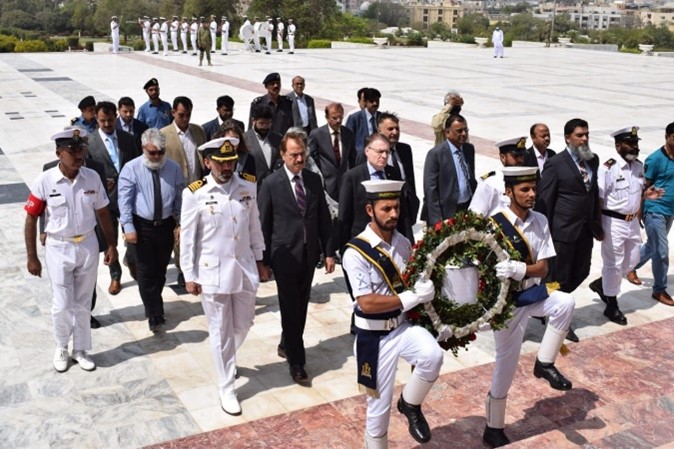 President Field and Provincial Ombudsman Sindh, Ajaz Ali Khan, lay an  inscribed floral wreath at the at the tomb of Muhammad Ali Jinnah under full  ceremonial Naval Guard.