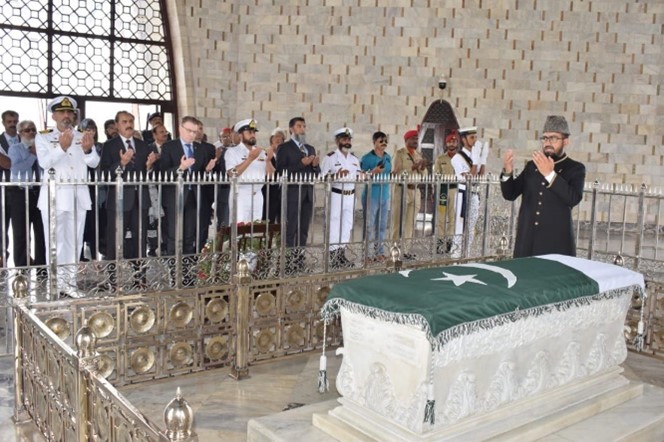The tomb of Muhammad Ali Jinnah, the revered founder of Pakistan, in the  Mazar-e-Quaid Mausoleum.