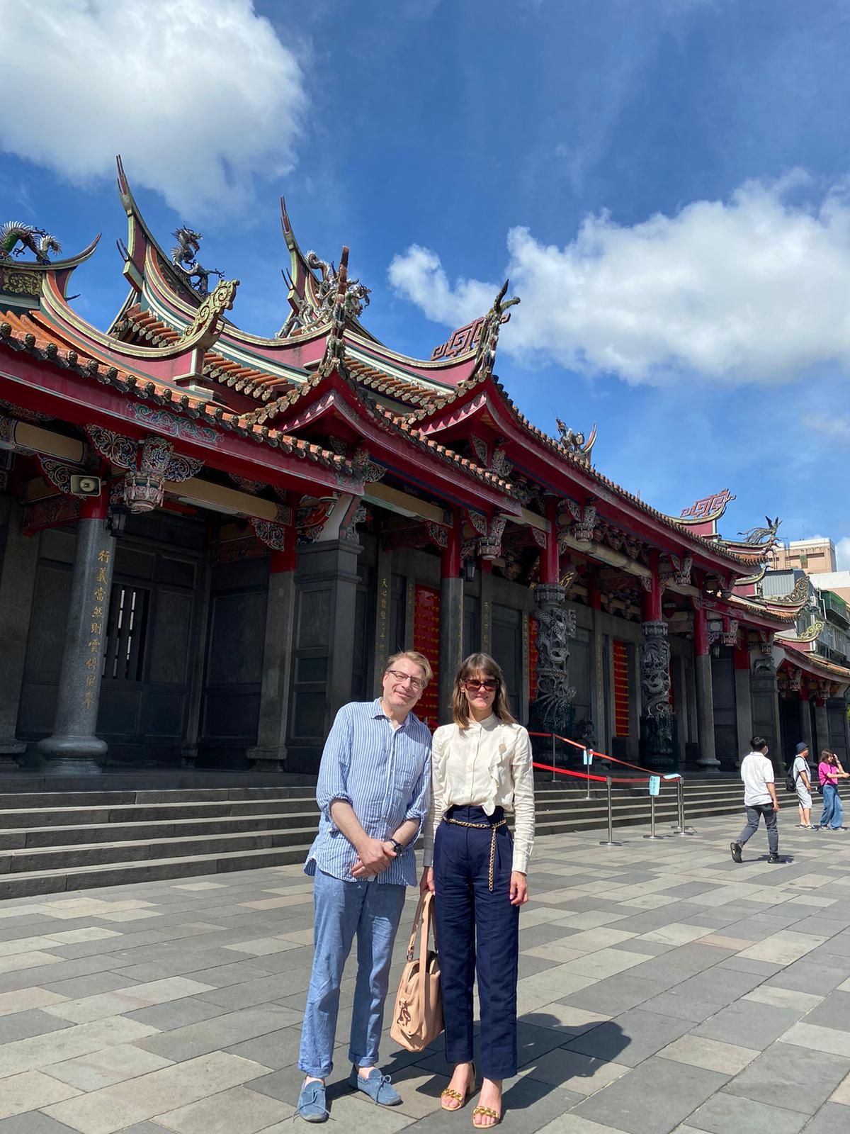 President Field and Chief of Staff Rebecca Poole outside the Hsing Tian Kong temple