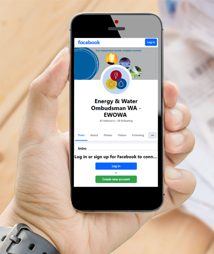 Image of a mobile phone with the Energy and Water Ombudsman's Facebook page on the screen